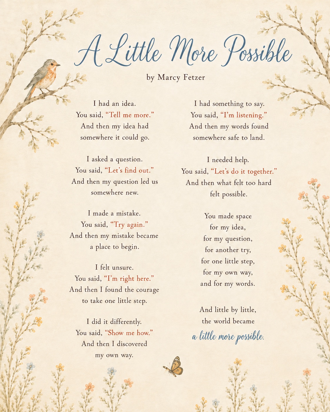 Watercolor edition of the poem A Little More Possible by Marcy Fetzer
